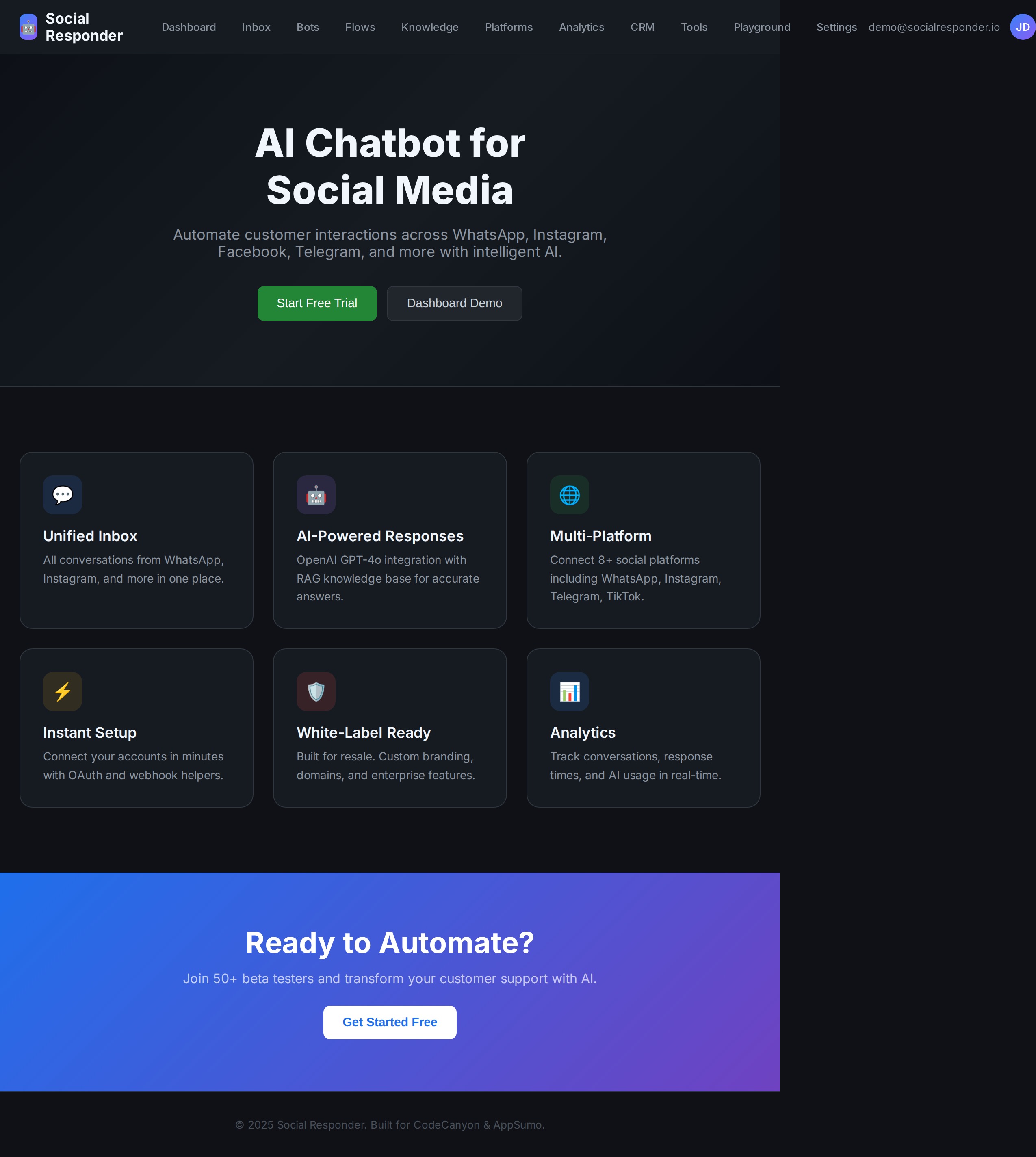 SocialResponder AI — customer service and sales platform dashboard screenshot
